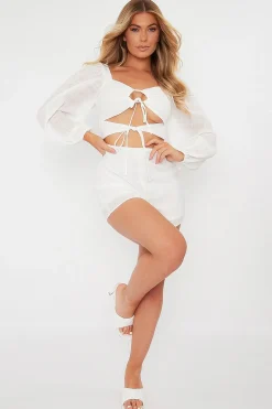 Rebellious Fashion White Front Cut Out Long Sleeve Playsuit - Cami