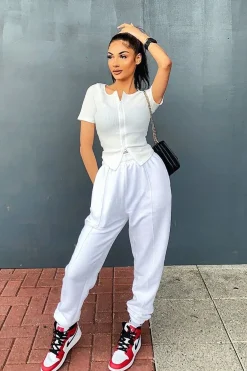 Rebellious Fashion White Front Piping Joggers - Jordyn