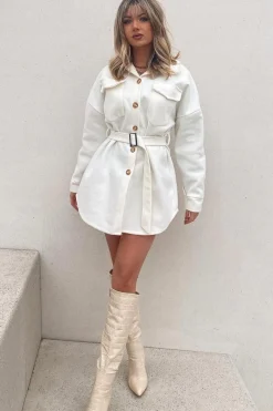 Rebellious Fashion White Front Pocket Belted Shacket - Ranessa
