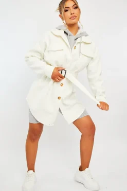 Rebellious Fashion White Front Pocket Belted Shacket - Ranessa