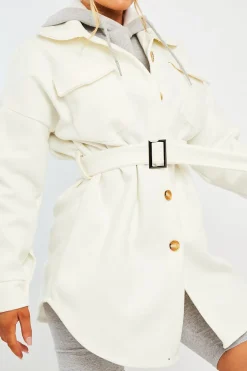 Rebellious Fashion White Front Pocket Belted Shacket - Ranessa