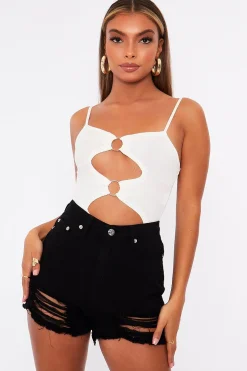 Rebellious Fashion White Front Ring Cut Out Ribbed Bodysuit - Ruba
