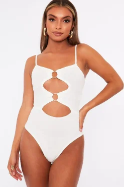 Rebellious Fashion White Front Ring Cut Out Ribbed Bodysuit - Ruba
