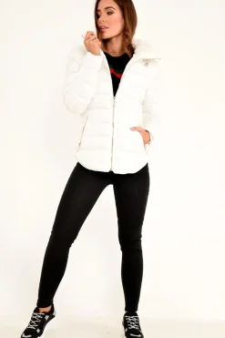 Rebellious Fashion White Fur Lined Ring Pull Puffer Coat - Riko