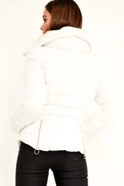 Rebellious Fashion White Fur Lined Ring Pull Puffer Coat - Riko