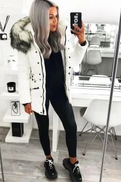 Rebellious Fashion White Fur Trim Adjustable Waist Puffer Coat - Rossie