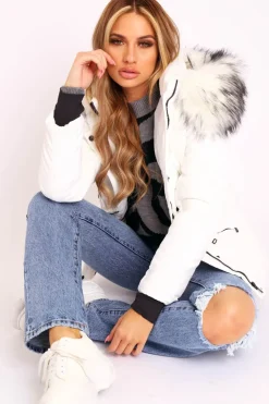 Rebellious Fashion White Fur Trim Adjustable Waist Puffer Coat - Rossie