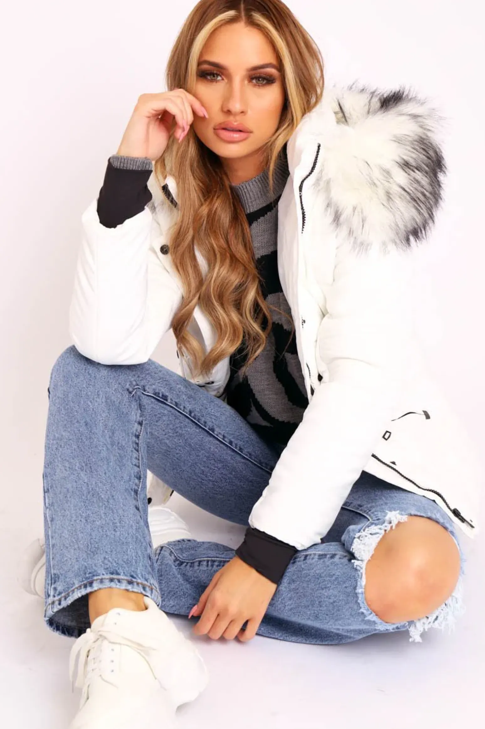 Rebellious Fashion White Fur Trim Adjustable Waist Puffer Coat - Rossie