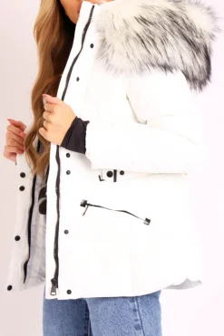 Rebellious Fashion White Fur Trim Adjustable Waist Puffer Coat - Rossie