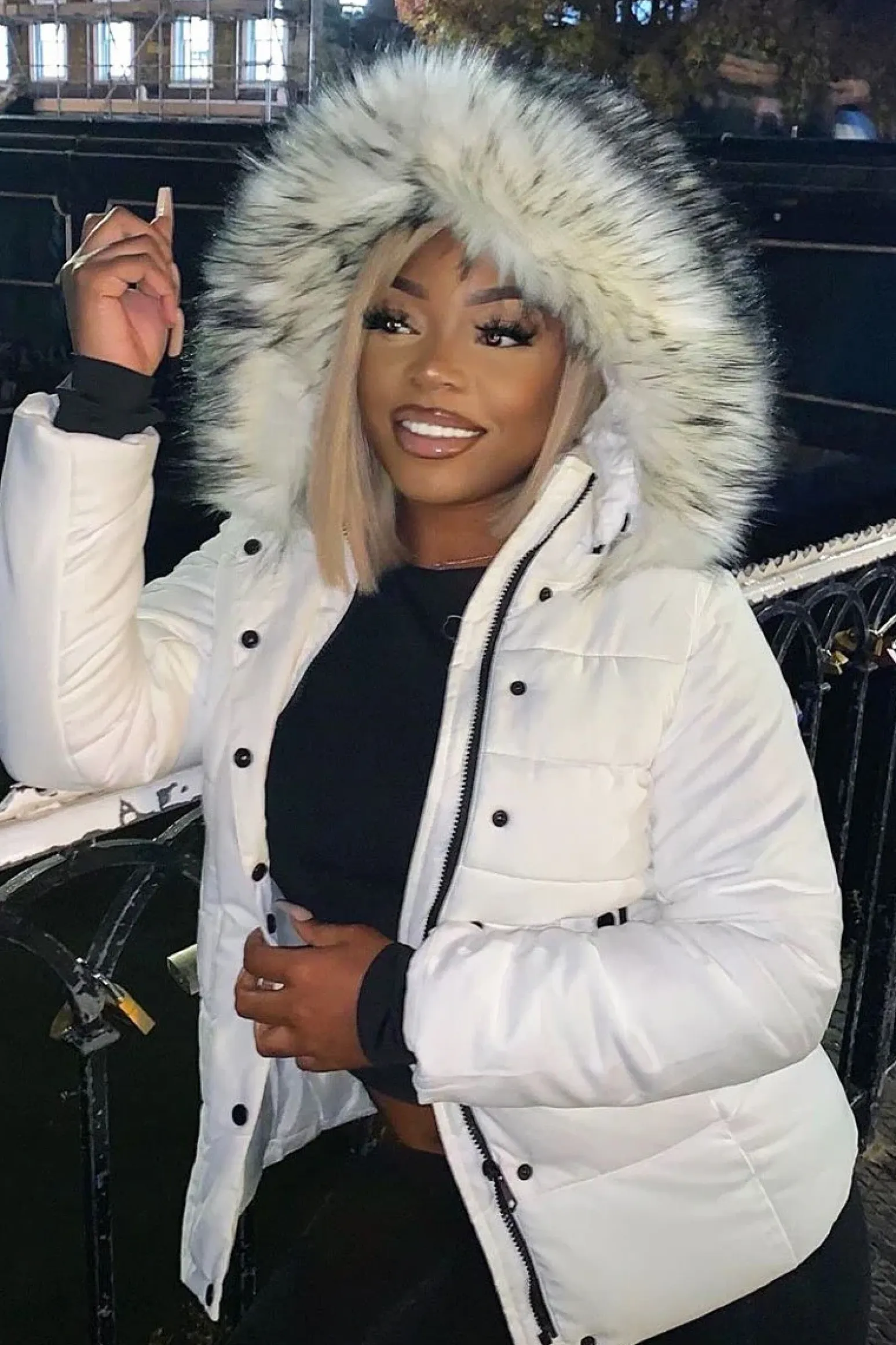 Rebellious Fashion White Fur Trim Adjustable Waist Puffer Coat - Rossie