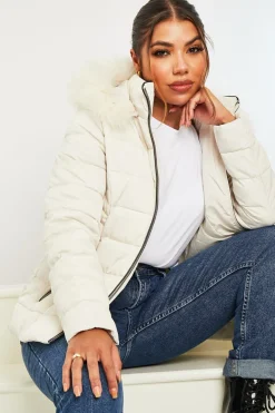 Rebellious Fashion White Fur Trim Hood Puffer Coat - Reva