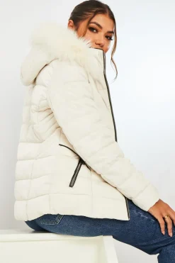Rebellious Fashion White Fur Trim Hood Puffer Coat - Reva