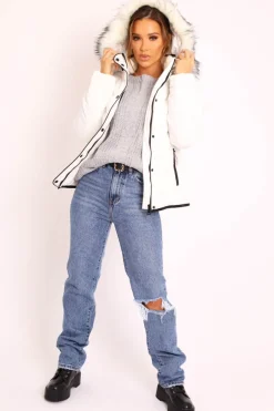 Rebellious Fashion White Fur Trim Quilted Puffer Coat - Lania