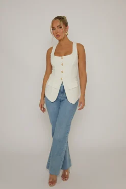 Rebellious Fashion White Gold Button Detail Longline Waistcoat - Isidora