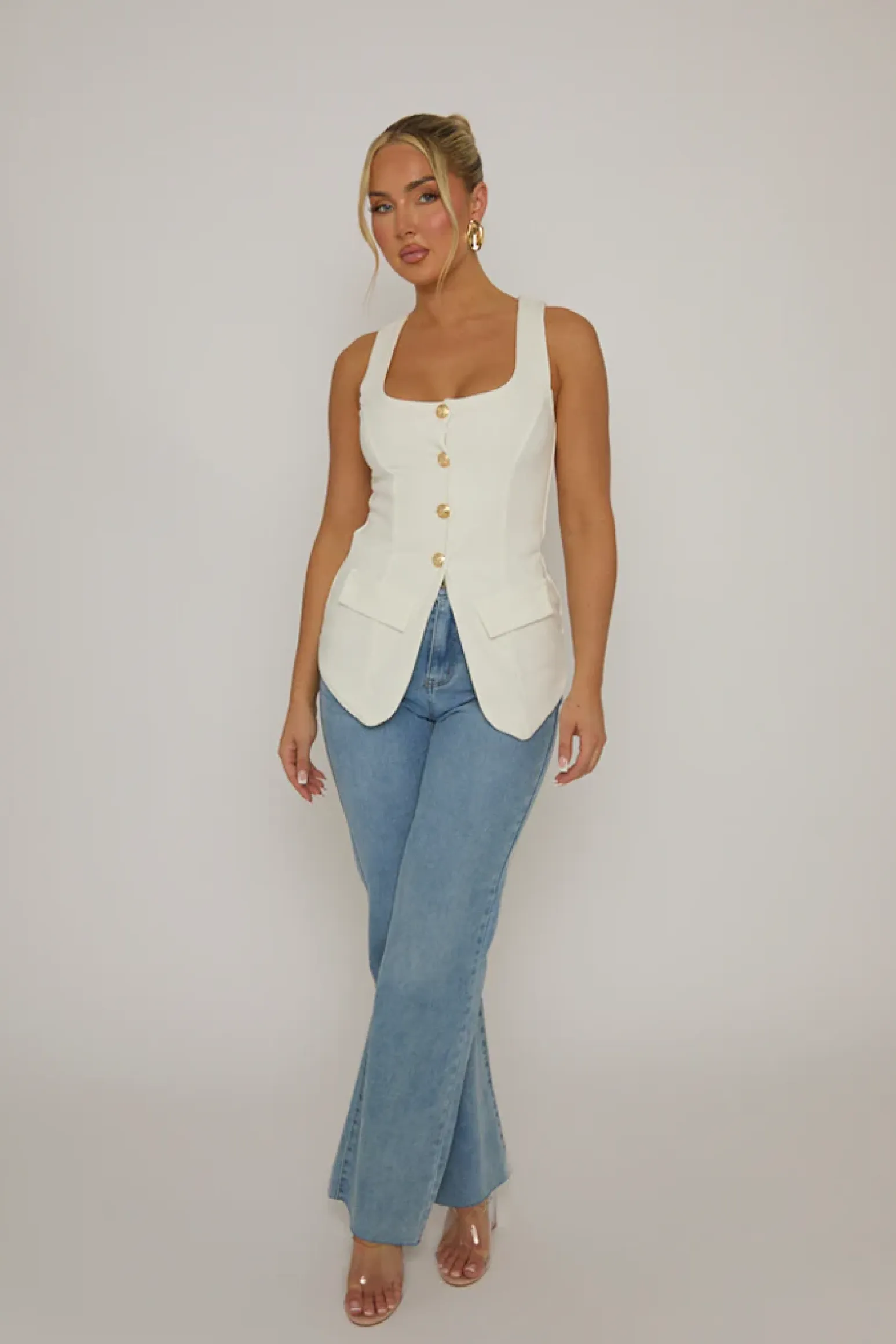 Rebellious Fashion White Gold Button Detail Longline Waistcoat - Isidora