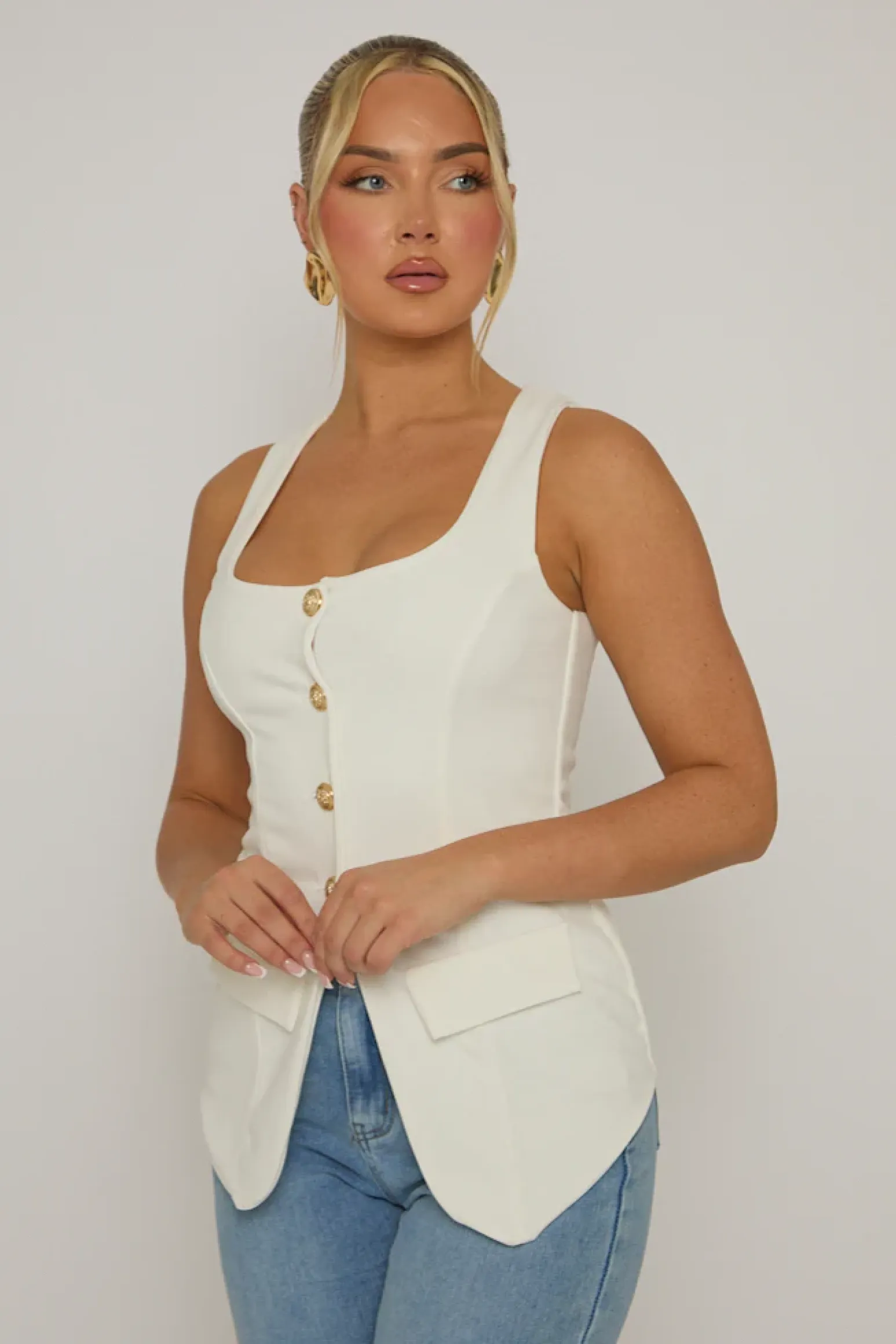 Rebellious Fashion White Gold Button Detail Longline Waistcoat - Isidora