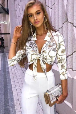 Rebellious Fashion White Gold Chain Print Tie Front Blouse - Melika