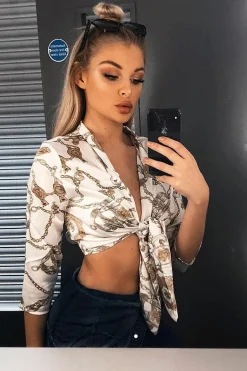 Rebellious Fashion White Gold Chain Print Tie Front Blouse - Melika