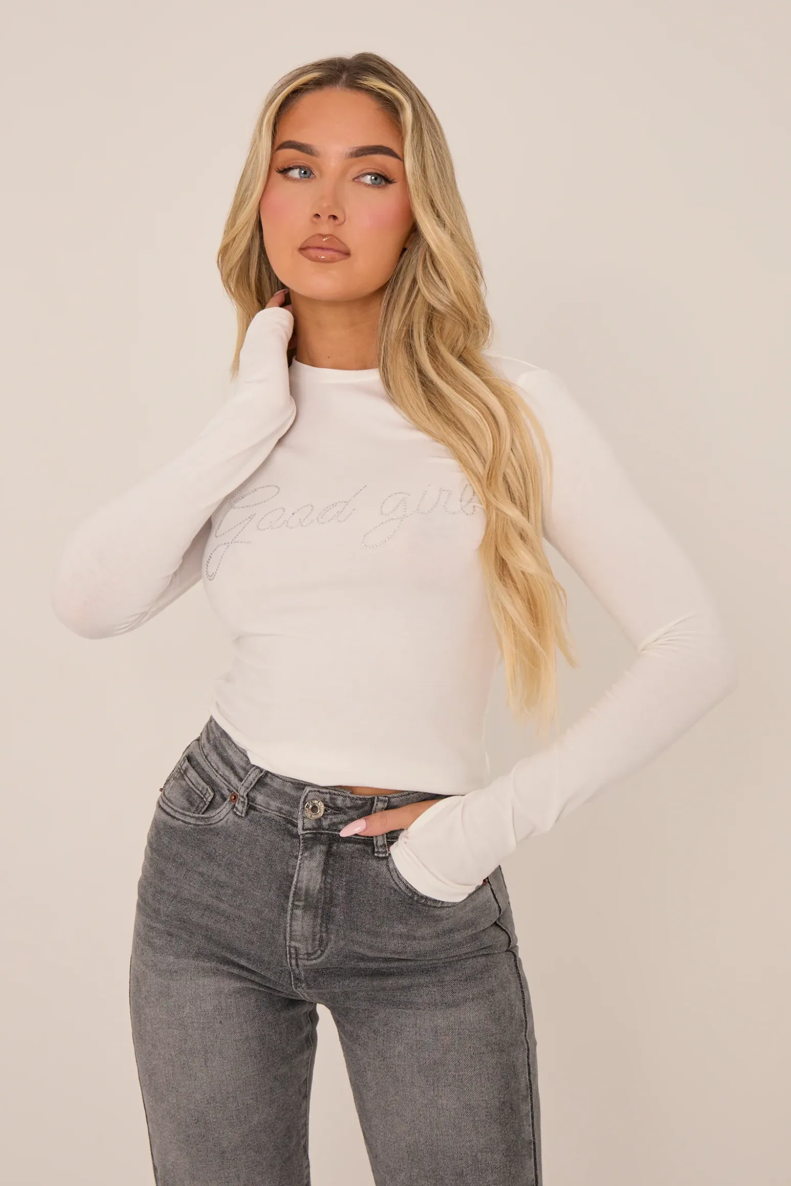 Rebellious Fashion White Good Girl Embellished Diamante Top - Kimberly