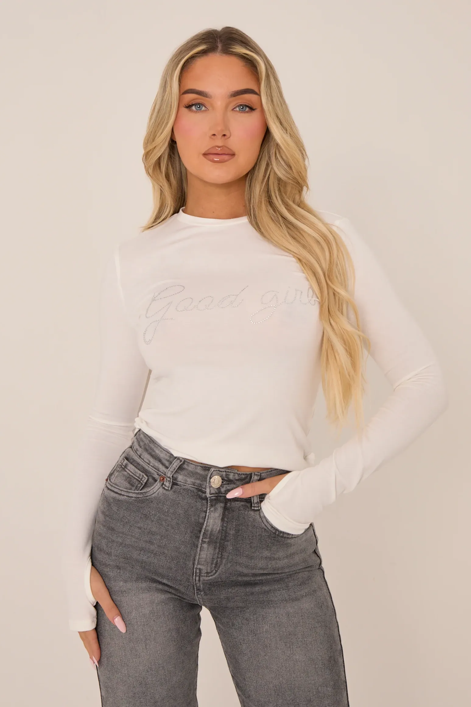 Rebellious Fashion White Good Girl Embellished Diamante Top - Kimberly