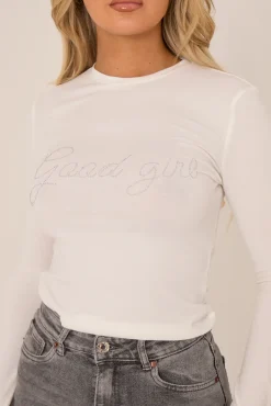 Rebellious Fashion White Good Girl Embellished Diamante Top - Kimberly