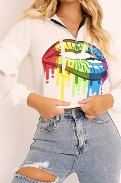 Rebellious Fashion White Graphic Frill Sleeve Hoodie - Ileigh