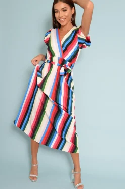 Rebellious Fashion White Green And Blue Plunge Wrap Belted Maxi Dress - Carri