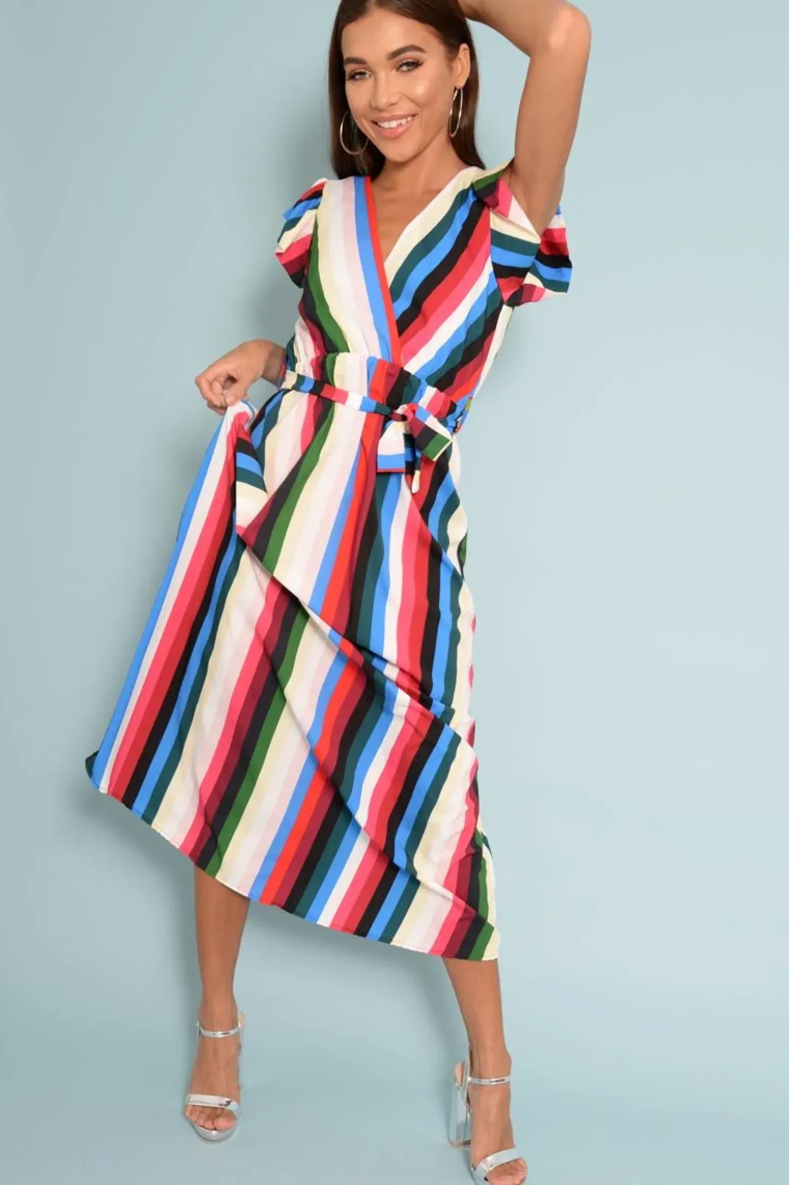Rebellious Fashion White Green And Blue Plunge Wrap Belted Maxi Dress - Carri