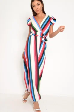 Rebellious Fashion White Green And Blue Plunge Wrap Belted Maxi Dress - Carri