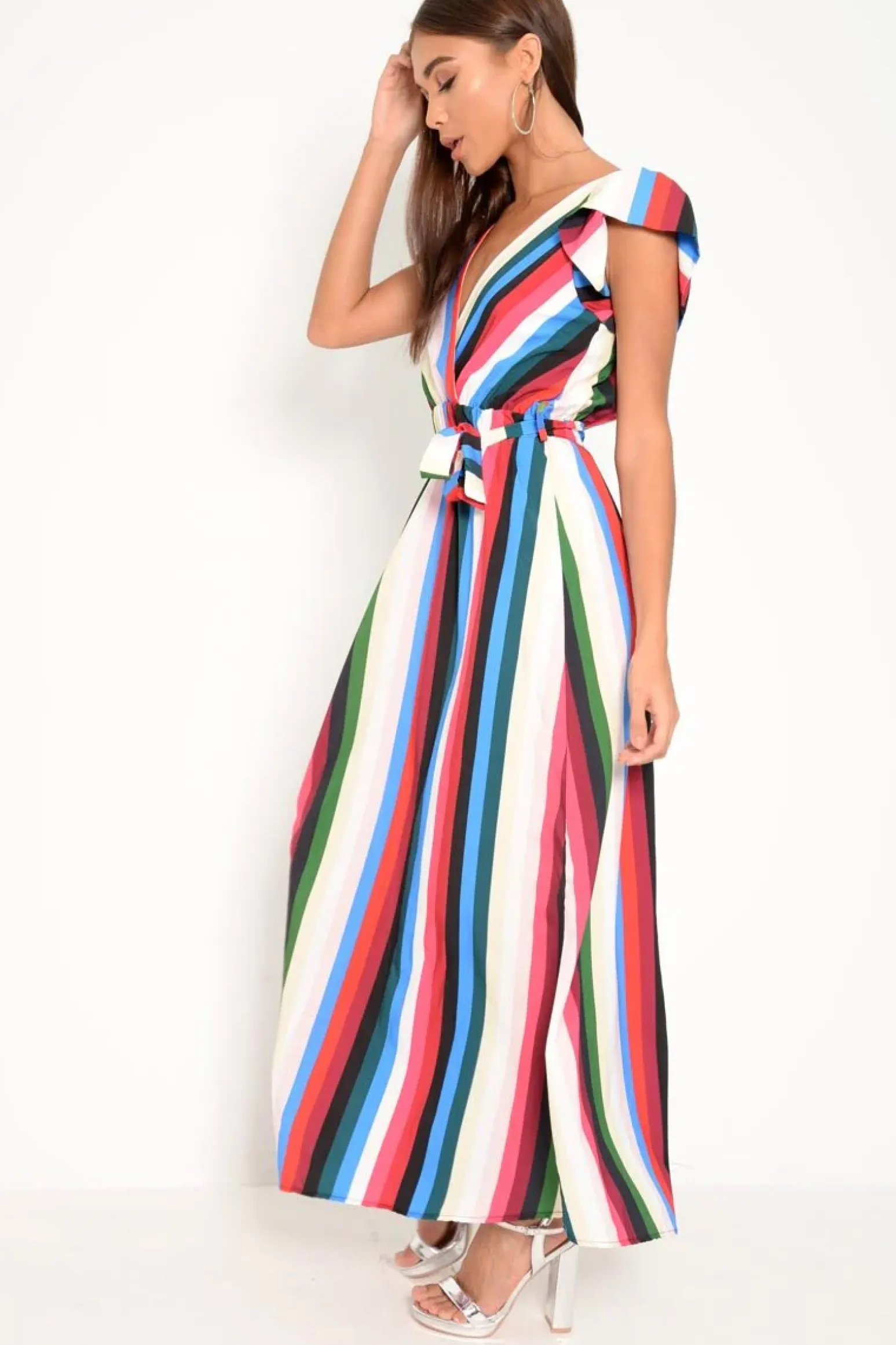Rebellious Fashion White Green And Blue Plunge Wrap Belted Maxi Dress - Carri