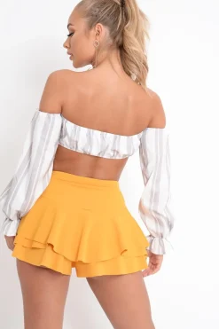 Rebellious Fashion White Grey Stripe Buckle Front Extreme Bardot Crop Top - Theora