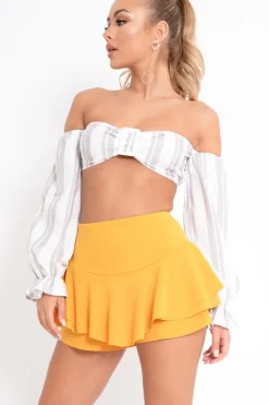Rebellious Fashion White Grey Stripe Buckle Front Extreme Bardot Crop Top - Theora
