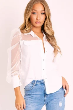Rebellious Fashion White Half Mesh Puff Sleeve Shirt - Hallie