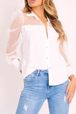 Rebellious Fashion White Half Mesh Puff Sleeve Shirt - Hallie