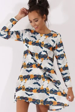 Rebellious Fashion White Halloween Pumpkin & Bats Swing Dress - Sabrina