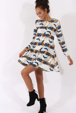 Rebellious Fashion White Halloween Pumpkin & Bats Swing Dress - Sabrina