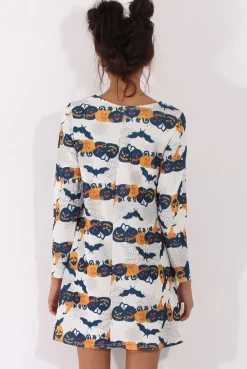 Rebellious Fashion White Halloween Pumpkin & Bats Swing Dress - Sabrina