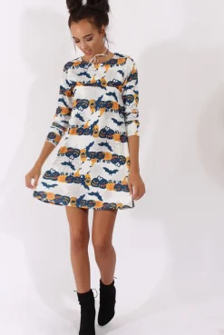 Rebellious Fashion White Halloween Pumpkin & Bats Swing Dress - Sabrina