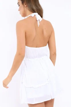 Rebellious Fashion White Halter Neck Frill Mini Dress - Sabrina