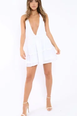 Rebellious Fashion White Halter Neck Frill Mini Dress - Sabrina