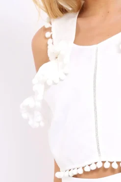 Rebellious Fashion White Halterneck Pom Pom Hem Crop Top - Kenny