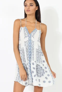 Rebellious Fashion White Halterneck Tassel Imperial Print Dress - Kaylin