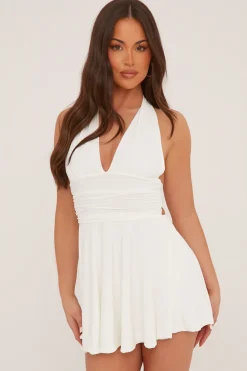 Rebellious Fashion White Halter Plunge Neck Mini Dress - Pippa