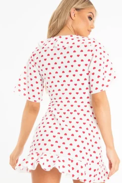 Rebellious Fashion White Heart Print Plunge Ruffle Detail Mini Dress - Nicolle