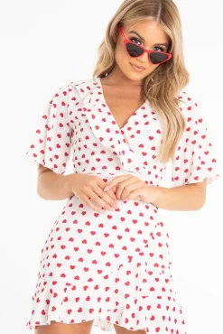 Rebellious Fashion White Heart Print Plunge Ruffle Detail Mini Dress - Nicolle