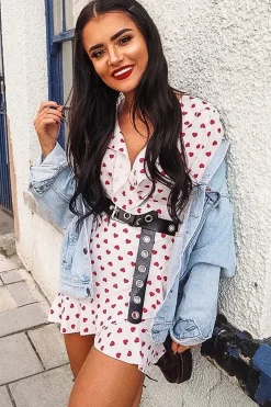 Rebellious Fashion White Heart Print Plunge Ruffle Detail Mini Dress - Nicolle