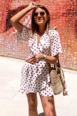 Rebellious Fashion White Heart Print Plunge Ruffle Detail Mini Dress - Nicolle