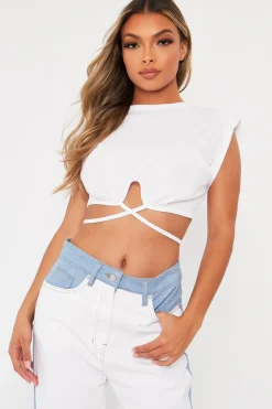 Rebellious Fashion White Hem Tie Shoulder Pad Crop Top - Riya