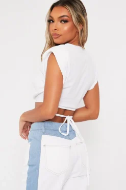 Rebellious Fashion White Hem Tie Shoulder Pad Crop Top - Riya