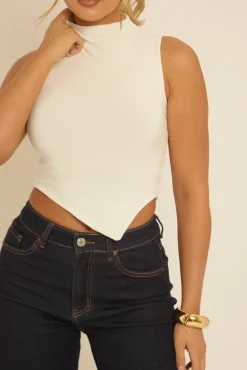 Rebellious Fashion White High Neck Asymmetric Top - Ariella